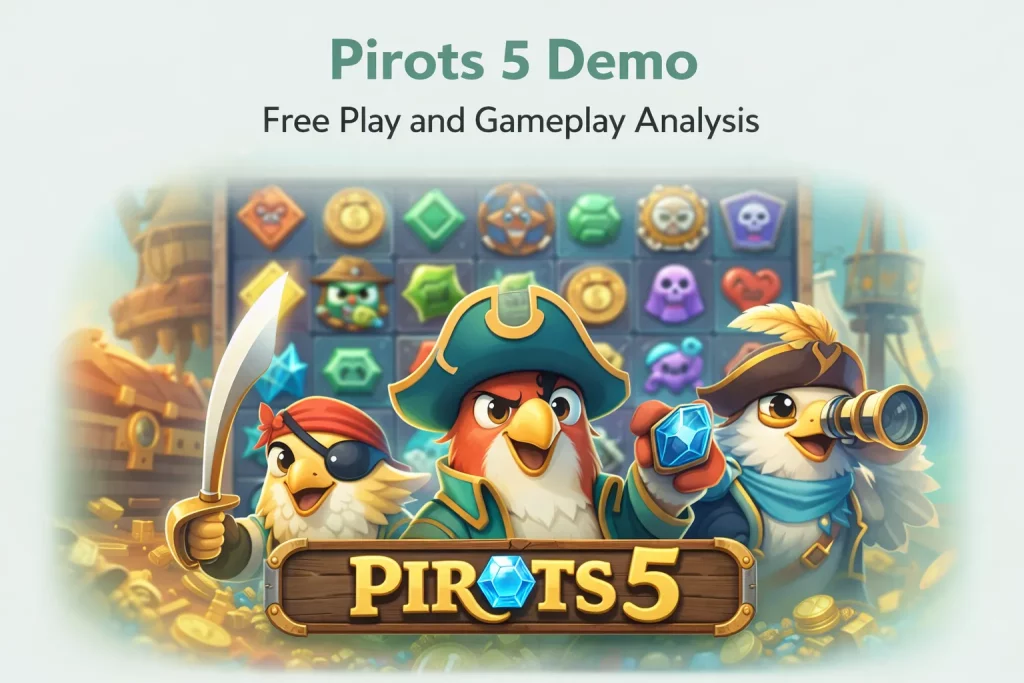Pirots 5 demo slot game preview featuring colorful pirate birds, treasure symbols, and the game grid in the background.