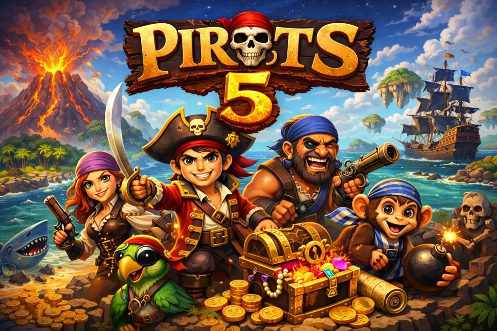 Horizontal promotional banner for Pirots 5 slot game featuring cartoon pirate characters with a treasure chest full of gold, tropical island with volcano and pirate ship in the background, colorful fantasy style.